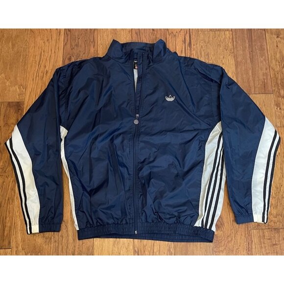 Vintage Adidas Windbreaker Nylon  Jacket Men’s Large Navy Blue 3 Stripes - Picture 1 of 9